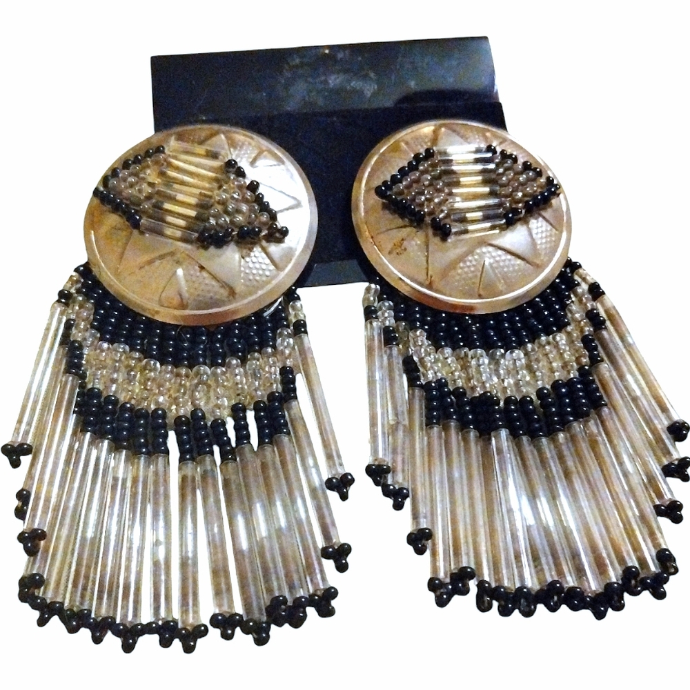 Beaded Earrings Concho Style Silver Tone black And clear